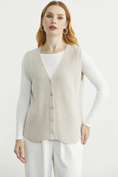 Selanik Örgü Düğmeli Yünlü Triko Yelek - Taş - Resim 2