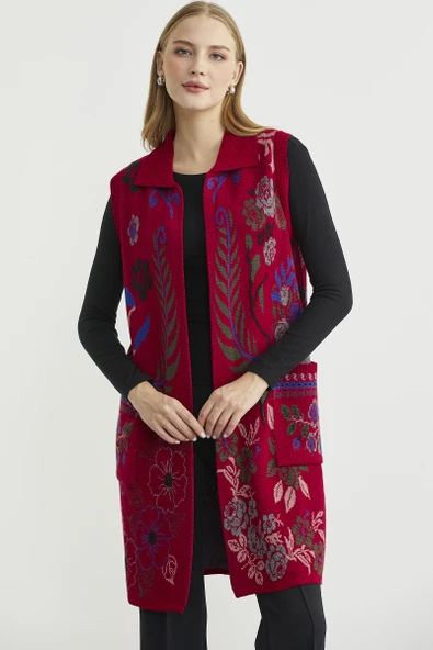 Renkli Çiçek Motifli Yünlü Uzun Triko Yelek - Kırmızı - Resim 3