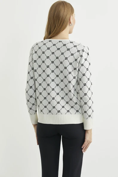 Logolu Düğme Detaylı Triko Hırka - Kemik - Resim 5