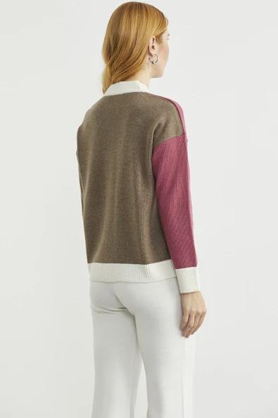 Renk Geçişli Oversize Yünlü Triko Hırka - Sütlü Kahve - Resim 6