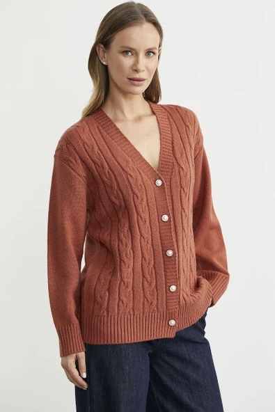 İnci Düğme Detaylı Triko Hırka - Taba - Resim 2