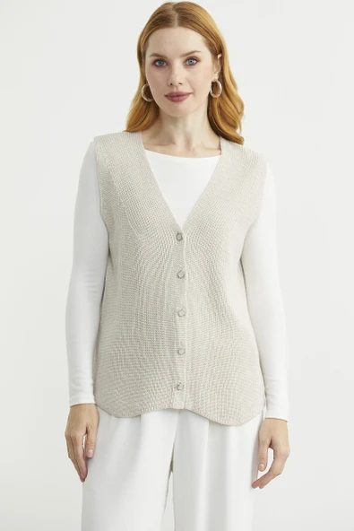 Selanik Örgü Düğmeli Yünlü Triko Yelek - Taş ürün görseli 1