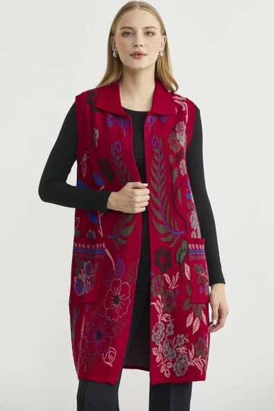 Renkli Çiçek Motifli Yünlü Uzun Triko Yelek - Kırmızı - Resim 2