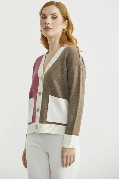 Renk Geçişli Oversize Yünlü Triko Hırka - Sütlü Kahve - Resim 5