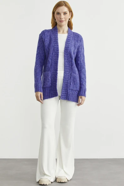 Saç Örgü Motifli Cepli Triko Hırka - Saks ürün görseli 1