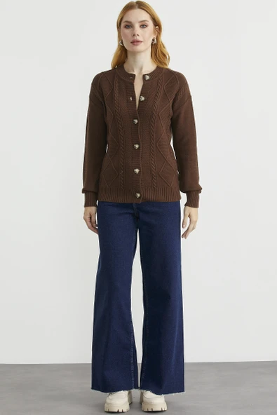 Düğmeli Oversize Angora Triko Hırka - Kahve - Resim 2