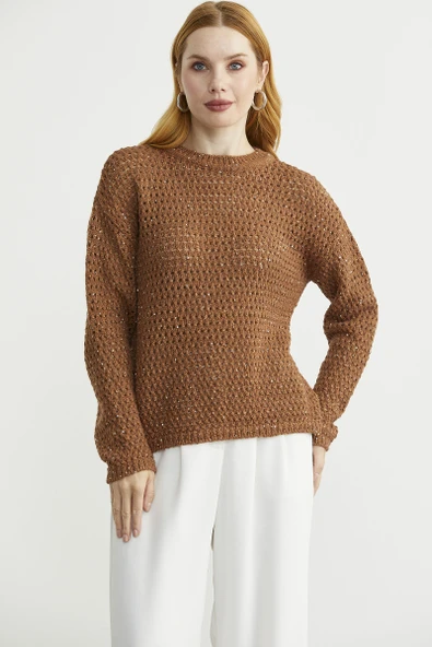 Payetli File Motif Triko Kazak - Taba ürün görseli 1