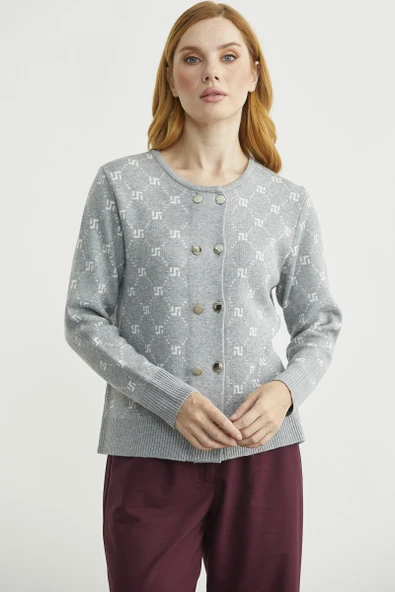 Logolu Düğme Detaylı Triko Hırka - Gri - Resim 3