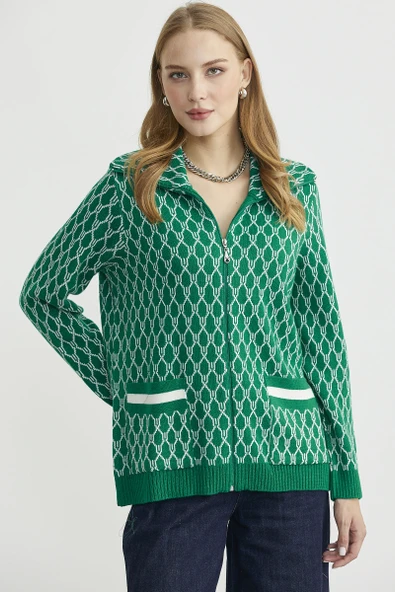 Çift Renk Kalın Yünlü Triko Hırka - Yeşil - Resim 4