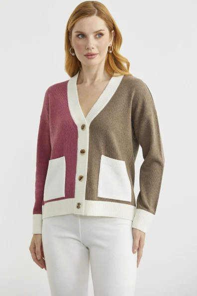 Renk Geçişli Oversize Yünlü Triko Hırka - Sütlü Kahve - Resim 3