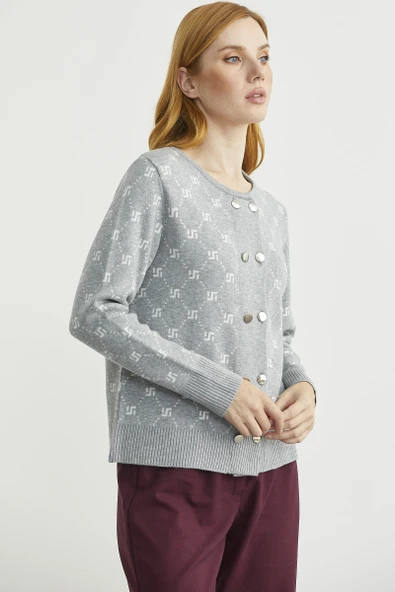 Logolu Düğme Detaylı Triko Hırka - Gri - Resim 4