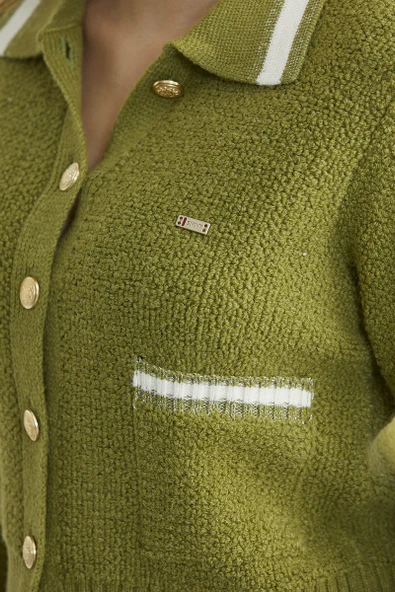 Polo Yaka Düğmeli Triko Hırka - Yeşil - Resim 5