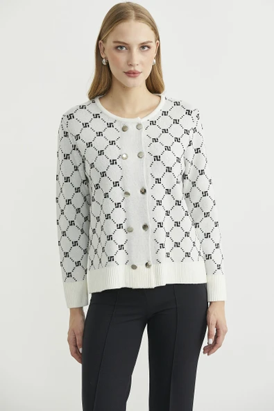 Logolu Düğme Detaylı Triko Hırka - Kemik ürün görseli