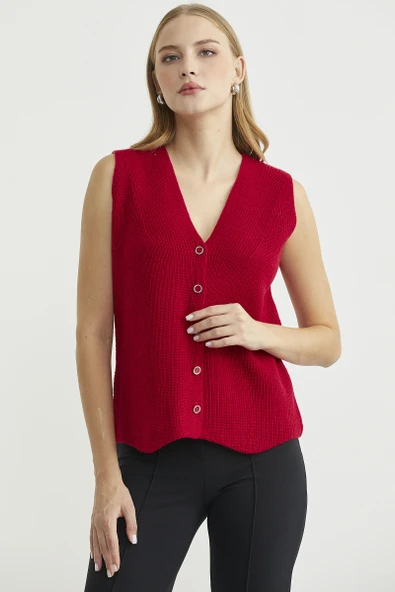 Selanik Örgü Düğmeli Yünlü Triko Yelek - Kırmızı ürün görseli 1