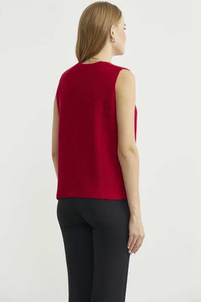 Selanik Örgü Düğmeli Yünlü Triko Yelek - Kırmızı - Resim 5