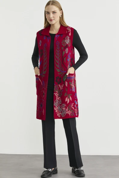 Renkli Çiçek Motifli Yünlü Uzun Triko Yelek - Kırmızı ürün görseli 1