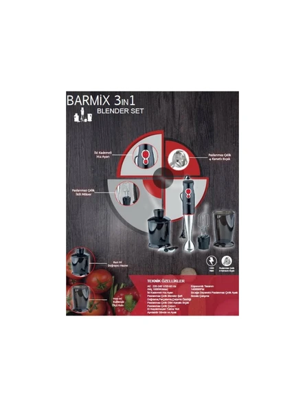 Awox Barmix 3 In 1 Çelik Uçlu 1000W 3'lü Blender Seti - Resim 3