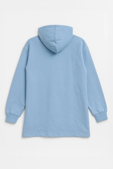 Kadın Kapüşonlu Cepli Mavi Tunik Sweatshirt - Resim 3