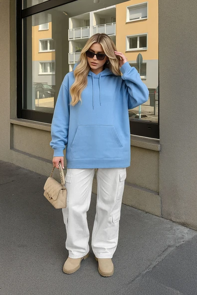 Kadın Kapüşonlu Cepli Mavi Tunik Sweatshirt ürün görseli
