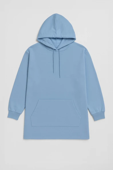 Kadın Kapüşonlu Cepli Mavi Tunik Sweatshirt - Resim 2