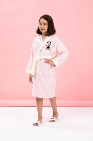 Özdilek Disney Lisanslı Minnie Happy Pembe Nakışlı 11-12 Yaş Kapüşonlu Çocuk Bornozu