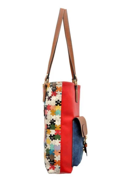 Kadın Vegan Deri Kırmızı Omuz Çantası - In The Puzzle Tasarım - 3