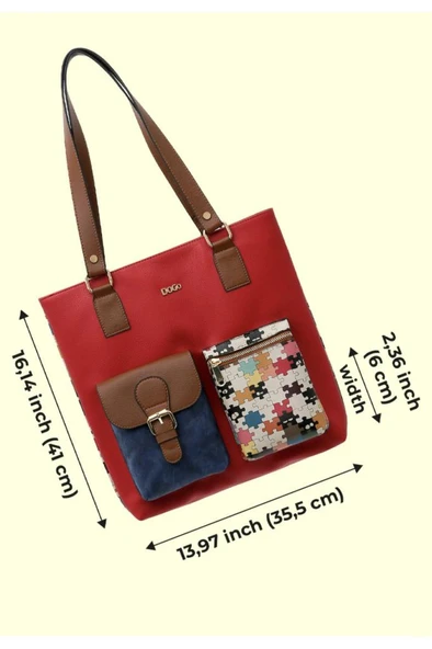 Kadın Vegan Deri Kırmızı Omuz Çantası - In The Puzzle Tasarım - 5