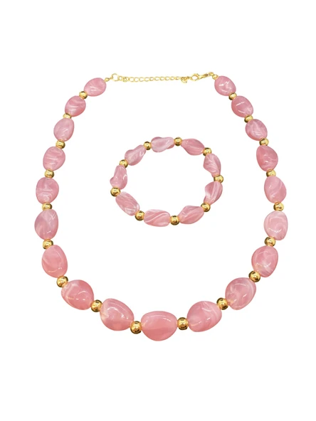 Pembe ve Altın Renk Detaylı Şık Akrilik Damla Boncuk Bileklik ve Kolye Seti | Şık Ve Parlak Tasarım ürün görseli