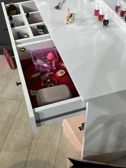 Makyaj Masası Aynalı Tuvalet Masası 2 Çekmeceli Takı Düzenleyici ve Raflı Organizer Beyaz 104 cm - Resim 4
