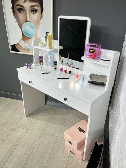 Makyaj Masası Aynalı Tuvalet Masası 2 Çekmeceli Takı Düzenleyici ve Raflı Organizer Beyaz 104 cm - Resim 7