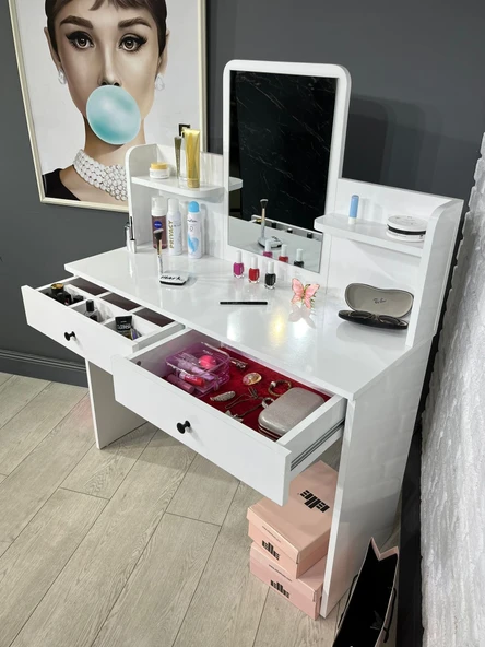 Makyaj Masası Aynalı Tuvalet Masası 2 Çekmeceli Takı Düzenleyici ve Raflı Organizer Beyaz 104 cm ürün görseli 1