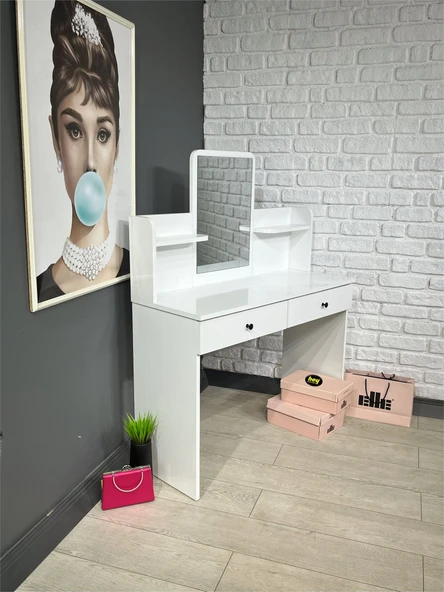 Makyaj Masası Aynalı Tuvalet Masası 2 Çekmeceli Takı Düzenleyici ve Raflı Organizer Beyaz 104 cm - Resim 8