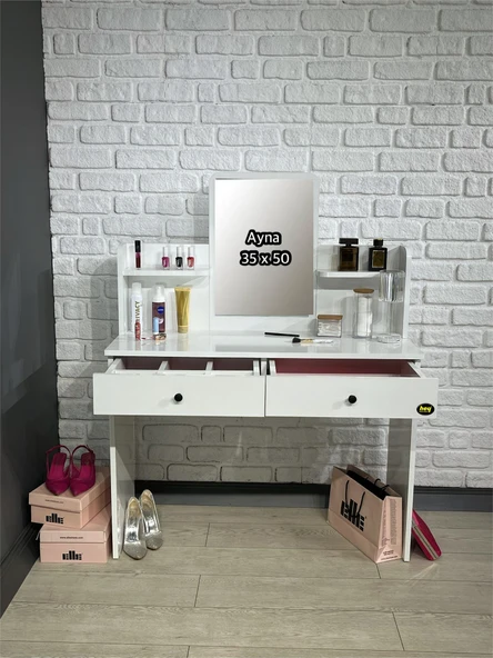 Makyaj Masası Aynalı Tuvalet Masası 2 Çekmeceli Takı Düzenleyici ve Raflı Organizer Beyaz 104 cm - Resim 6