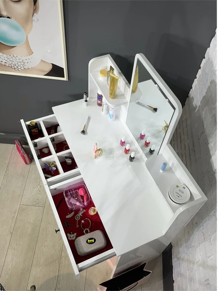 Makyaj Masası Aynalı Tuvalet Masası 2 Çekmeceli Takı Düzenleyici ve Raflı Organizer Beyaz 104 cm - Resim 3