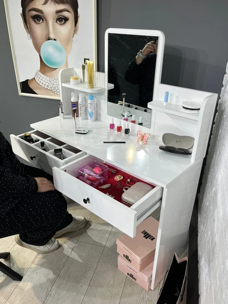 Makyaj Masası Aynalı Tuvalet Masası 2 Çekmeceli Takı Düzenleyici ve Raflı Organizer Beyaz 104 cm - Resim 2