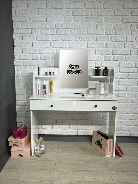 Makyaj Masası Aynalı Tuvalet Masası 2 Çekmeceli Takı Düzenleyici ve Raflı Organizer Beyaz 104 cm - Resim 5