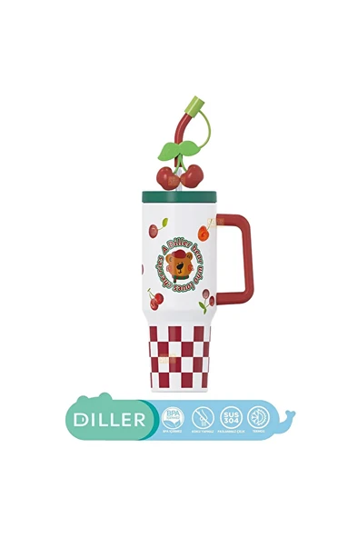 3 ADET  Vagonlife Kulplu Çelik Termos Kiraz Desen 1200 cc ürün görseli