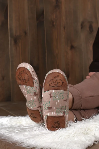 Kışlık Kaymaz Deri Taban Ev Patiği Ptk-kw Sütlü Kahve Baskılı 36-38 - Resim 5