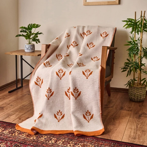 Soft Elias Pamuklu Tv Battaniyesi - Ekru / Turuncu - 130x170 cm ürün görseli 1