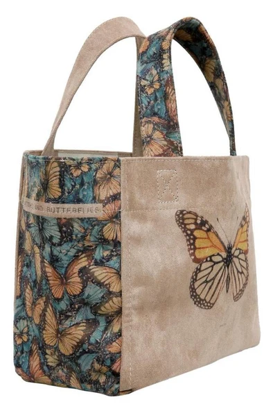 Kadın Vegan Krem Medium Tote Bag - Moths and Butterflies Tasarım - Resim 5