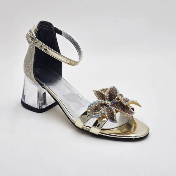 Altın Rengi Parıltı Çiçeği Kız Çocuk Abiye Ayakkabı ürün görseli
