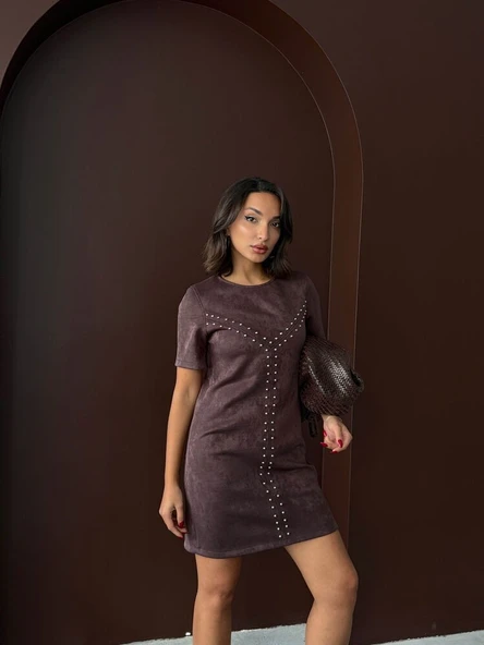 Kadın Siyah Zımba Detaylı Süet/Suni Deri Mini Elbise Kısa Kol Abiye Elbise - Resim 2