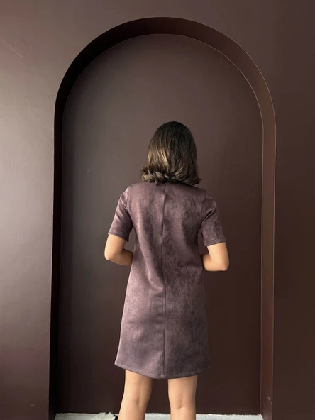 Kadın Siyah Zımba Detaylı Süet/Suni Deri Mini Elbise Kısa Kol Abiye Elbise - Resim 5