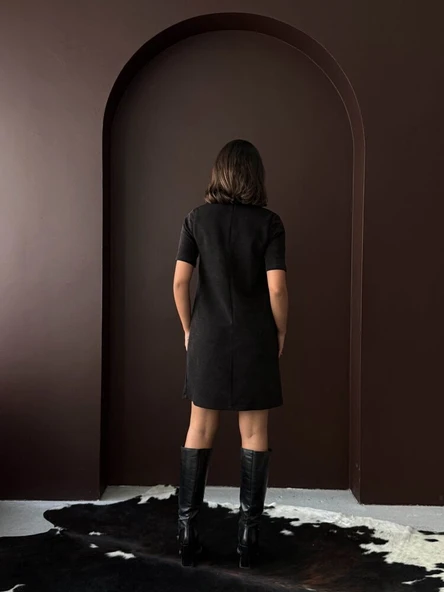 Kadın Siyah Zımba Detaylı Süet/Suni Deri Mini Elbise Kısa Kol Abiye Elbise - Resim 11