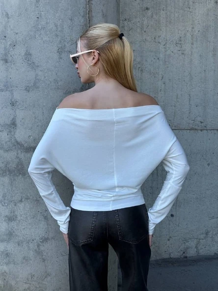 Yarasa Kol Geniş Yaka Siyah Bluz Bol Kesim Likralı Kumaş Düşük Omuz Üst - Resim 5