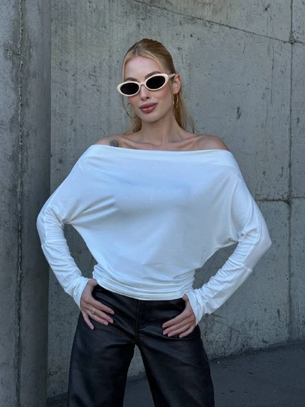 Yarasa Kol Geniş Yaka Siyah Bluz Bol Kesim Likralı Kumaş Düşük Omuz Üst - Resim 3