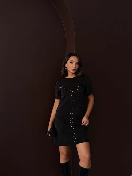 Kadın Siyah Zımba Detaylı Süet/Suni Deri Mini Elbise Kısa Kol Abiye Elbise - Resim 8