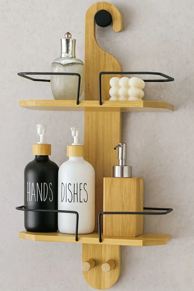 Doğal Bambu Askılı 2 Katlı Çok Amaçlı Raf BR-6721 ürün görseli