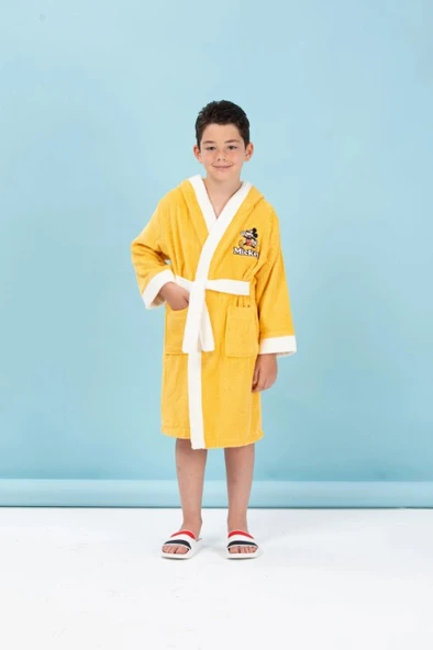 Özdilek Disney Lisanslı Mickey Mouse Happy Sarı Nakışlı 5-6 Yaş Kapüşonlu Çocuk Bornozu