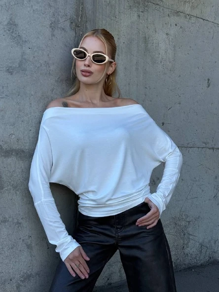 Yarasa Kol Geniş Yaka Siyah Bluz Bol Kesim Likralı Kumaş Düşük Omuz Üst - Resim 2